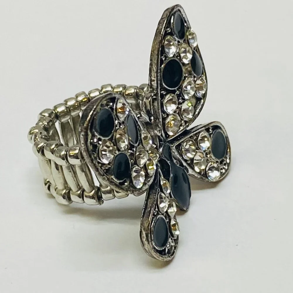 Ring Stretch Butterfly Shape Women Rhinestone Accents Enamel Silver Color Metal - Picture 12 of 16